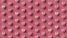 Multicolored Heart Background. Valentine Wallpaper With Pink, Polka Dot And Striped Love Hearts. 3D Render 