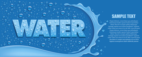 blue background with water splash and many fresh water drops.Place for your text