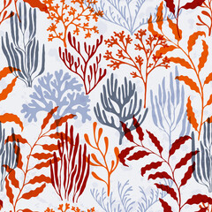 Wall Mural - Coral polyps seamless pattern., Red Sea coral reef branches and bushes cartoon.