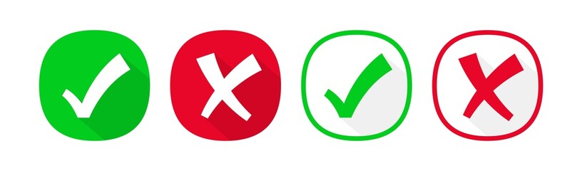 Aufkleber - Check mark and Cross icons in two styles, flat and line. Vector concept elements set for use in ui, games, apps, web. Green check mark and red cross isolated on white.