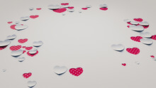Paper Heart Background. White And Red Polka Dot Valentine Wallpaper With Cut-out Love Hearts. 3D Render 