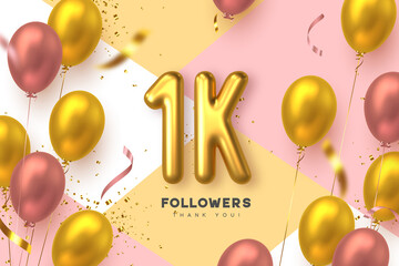 One thousand followers banner. Thank you followers vector template with 1K golden sign and glossy balloons for network, social media friends and subscribers.