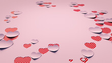 Paper Heart Background. Pink And Red Striped Valentine Wallpaper With Cut-out Love Hearts. 3D Render 