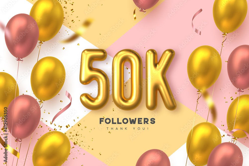 Fifty thousand followers banner. Thank you followers vector template with 50K golden sign and glossy balloons for network, social media friends and subscribers. - obrazy, fototapety, plakaty 