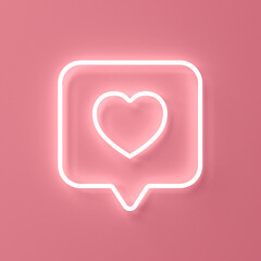 Poster - Neon social media notification love like heart icon in speech bubble pin isolated on pink pastel color wall background with shadow minimal conceptual 3D rendering