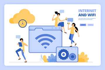 Wall Mural - People love to use internet and wifi. Cloud storage with fast bandwidth. People access the internet. Designed for landing page, banner, website, web, poster, mobile apps, homepage, flyer, brochure