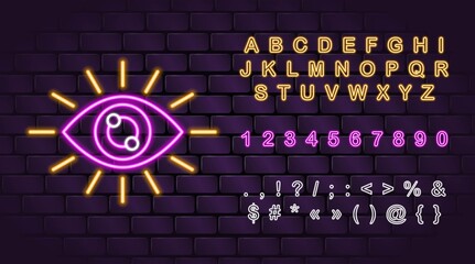 Wall Mural - Vector neon all-seeing eye icon, neon letters for fortune telling & tarot reading mobile apps, highlights. Eye of Providence. Occult esoteric magic mystic wichcraft spiritual signs symbols. Alphabet.