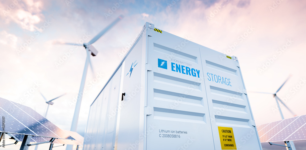 Conceptual image of a modern battery energy storage system with wind turbines and solar panel power plants in background. 3d rendering - obrazy, fototapety, plakaty 