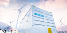 Conceptual Image Of A Modern Battery Energy Storage System With Wind Turbines And Solar Panel Power Plants In Background. 3d Rendering