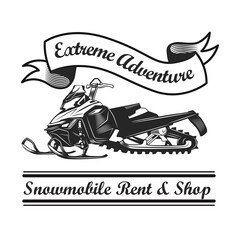 Fototapete - Black and white badge for snowmobile rent and shop vector illustration. Monochrome label with snowmobile. Extreme and winter sport concept can be used for retro template