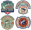 Alaska and Canada fly fishing sport badges vintage vector label collection