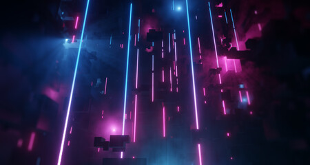 Poster - Vertical Neon tubes reflecting City with Light Tech abstract background. Bright Pink and Blue Neon lens flares, misty environment. 3D render