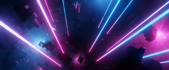 Poster - Bright Pink and Blue Neon lens flares, misty environment.  City with Neon ultraviolet Lights, Tech Digital background. 3D render