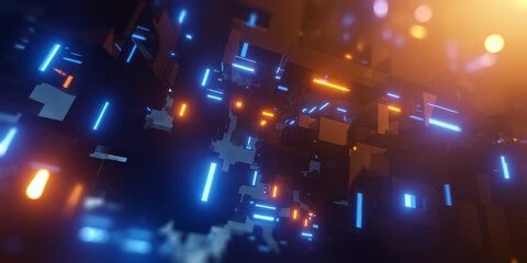 Poster - retro-futuristic sci-fi scene with orange and blue lights. 3d render