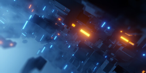 Aufkleber - Abstract VR futuristic city. Futuristic Sci-Fi scene with Orange and Blue LED. 