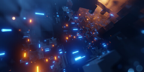 Aufkleber - Flying in VR futuristic city. Sci-Fi scene with Orange and Blue lights. 3D render