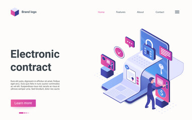 Poster - Electronic contract digital technology isometric vector illustration. Cartoon 3d certified report document with signature about payment and tiny character paying, data security protection landing page