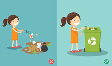Do Not Throw Littering On The Floor,wrong And Right.vector Illustration