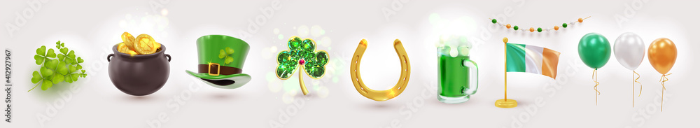 Big set of St. Patrick's Day realistic symbols. Irish holiday consisting of pot of gold coins, green hat, golden brooch clover, flag, balloons, horseshoe. Design elements. Vector illustration. - obrazy, fototapety, plakaty 