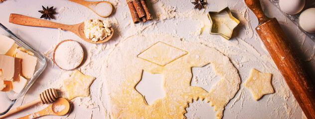 Wall Mural - preparation for baking. Culinary concept. top view. selective focus