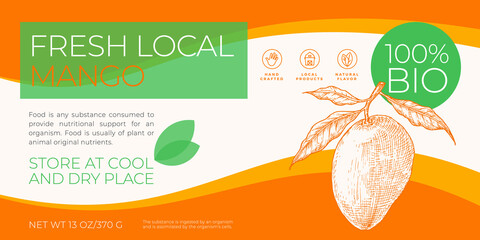 Wall Mural - Fresh Local Fruits Label Template. Abstract Vector Packaging Horizontal Design Layout. Modern Typography Banner with Hand Drawn Mango with Leaves Sketch Silhouette Background. Isolated