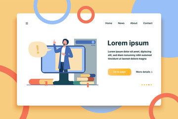 Wall Mural - lecturer talking during online webinar. teacher, monitor, book flat vector illustration. education a