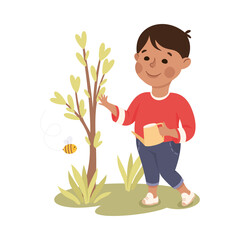 Sticker - Boy Watering Tree Sapling, Save the World, Ecology Concept Cartoon Vector Illustration