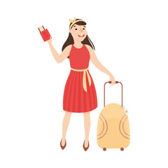 Sticker - Young Woman Tourist with Suitcase and Plane Tickets Going to Airport, Girl Going on Vacation Trip Cartoon Vector Illustration