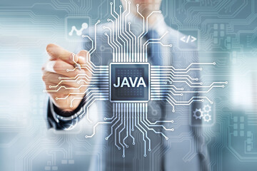 Wall Mural - Java programming language application and web development concept on virtual screen.