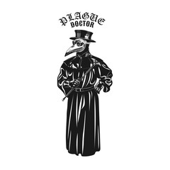 Poster - Plague doctor character tattoo design. Monochrome element with mask, top hat and coat vector illustration with text. Medieval or epidemic concept for symbols and labels templates