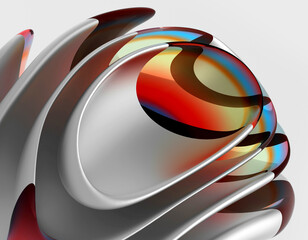 Wall Mural - 3d render of abstract art 3d background of surreal ball in organic curve round wavy biological forms in matte grey metal aluminum with striped glass parts in blue and red gradient color 