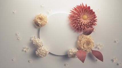 Poster - Beautiful composition of small podium surrounded with flowers. 3D render. Bright gamma.