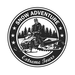 Fototapete - Creative badge with person on snowmobile vector illustration. Monochrome label for travel tour on snowmobile. Extreme and winter sport concept can be used for retro template