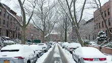 Tracking Backward On Snow Covered Second Place In Carroll Gardens Brooklyn