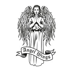 Wall Mural - Creative badge with beautiful woman with wings vector illustration. Monochrome female angel character standing and praying. Trust and religion concept can be used for retro template