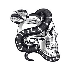 Wall Mural - Skull with python tattoo design. Monochrome element with dead skeleton head and snake vector illustration. Wild animal gothic concept for symbols and labels templates