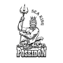 Poseidon Tattoo Template. Monochrome Element With God Of Sea, Waves, Rude Vector Illustration With Text. Sailing Or Greek Mythology Concept For Symbols And Labels Templates