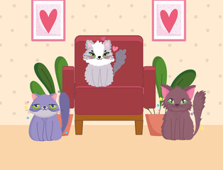 Sticker - cartoon cats with chair potted plants in the room