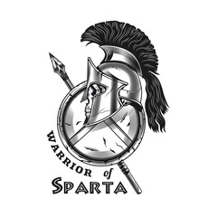 Poster - Spartan skull emblem design. Monochrome element with Rome fighter helmet, spear, shield vector illustration with text. Fight or sport club concept for symbols and labels templates