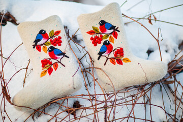 embroidered felt boots taken on a winter evening against the background of snow, bushes and a village house