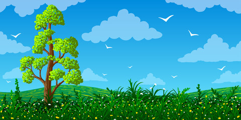 Wall Mural - Spring vector landscape tree on meadow with flowers against blue sky.