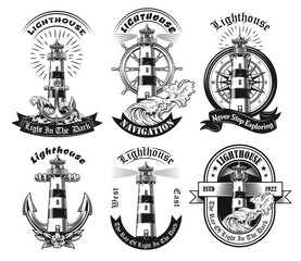 Fototapete - Monochrome emblems with lighthouse vector illustration set. Vintage stickers of tower with beacon light in sea. Guiding ships and navigation concept can be used for stickers and badges