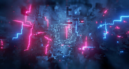 Poster - abstract neon tech background. glowing neon circuit. cyberpunk blocks. block chain data network. 3d 