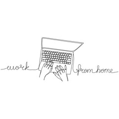 Fototapete - Work from home concept, Hands on computer. Continuous one line drawing. Minimalist design. Vector illustration.