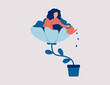© Mary Long - A happy woman sits in the flower and waters it. Smiling girl cares about herself and her future. Concept of love yourself and a healthy lifestyle. Vector illustration.