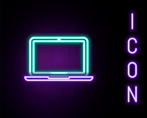 Glowing neon line Laptop icon isolated on black background. Computer notebook with empty screen sign. Colorful outline concept. Vector.