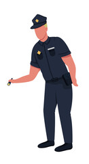 Poster - Police officer flat color vector faceless character. Department worker investigating place of crime. Finding criminal process isolated cartoon illustration for web graphic design and animation