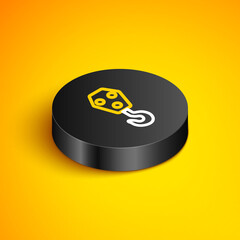 Sticker - Isometric line Industrial hook icon isolated on yellow background. Crane hook icon. Black circle button. Vector.