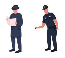 Poster - Police officer flat color vector faceless character set. Criminal finding process. Investigating evidence on crime place isolated cartoon illustration for web graphic design and animation