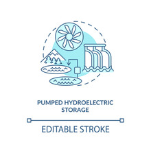 Pumped Hydroelectric Storage Concept Icon. Generation Potential Of Renewable Sources Idea Thin Line Illustration. Energy Storage Technology. Vector Isolated Outline RGB Color Drawing. Editable Stroke